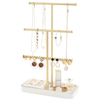 Lolalet Jewelry Necklace Holder with Ceramic Base, 14.2" Gold Jewelry Display Stand with Velvet Ring Tray Jewellery Organizer for Necklaces Bracelets Earrings