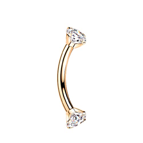 Pierced Owl - 16GA G23 Implant Grade Titanium Internally Threaded Prong Set CZ Crystal Ends Cartilage Helix Daith Rook Eyebrow Curved Barbell - color: Rose Gold Tone / Clear
