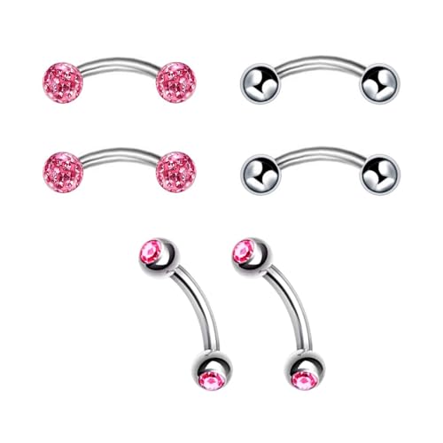 6pc 16G 6/8/10mm Bar Surgical Steel Curved Barbell Coated Crystal Eyebrow Ring Ear Body Piercing Jewelry Set - color: pink