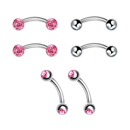 6pc 16G 6/8/10mm Bar Surgical Steel Curved Barbell Coated Crystal Eyebrow Ring Ear Body Piercing Jewelry Set - color: pink