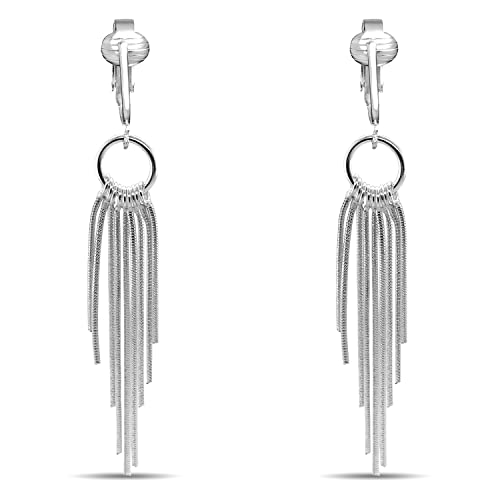 Silver Clip On Earrings For Women, They Look Pierced, Don't Pinch & Won't Fall Off, Hypoallergenic & Lightweight - color: Silver Modern Metal Chain Drops