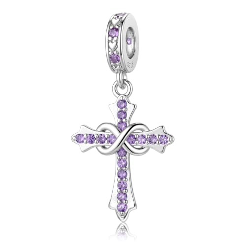 HappyStar 925 Sterling Silver Charms Infinity Design Birthstone Charms for Bracelets with 5A Cubic Zirconia Cross Necklace for Women Dangle Pendant Compatible Pandora Bracelets Happy Birthday Gifts - color: 2-February Birthstone Charms