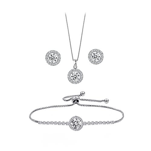 Bridesmaid Bride Wedding Jewelry Set - Round Cubic Zirconia | Earrings Necklace Bracelet Set, Hypoallergenic Prom Party Jewelry Gift for Her - color: Silver