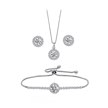 Bridesmaid Bride Wedding Jewelry Set - Round Cubic Zirconia | Earrings Necklace Bracelet Set, Hypoallergenic Prom Party Jewelry Gift for Her - color: Silver