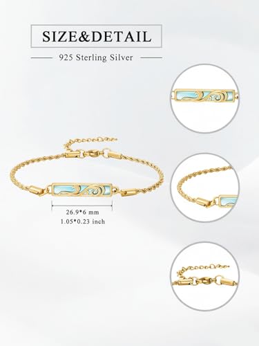 Waves/Tree of Life/Mushrooms/Moon Phase/Butterfly/Hummingbird Bracelet/Anklet 925 Sterling Silver Adjustable Abalone Shell Bar Bracelet/Anklet Summer Jewelry Gifts for Women - color: Waves-Moonstone-Yellow Gold, size: Bracele 7"+2"