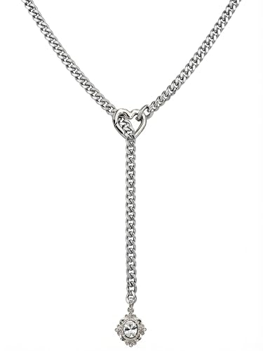 Women's Heart O-Ring Slip Chain Necklace, Double Layered Adjustable 39'' Cuban Chain with Detachable Heart Clasp and Colorful Rhinestone Pendant - color: 25'' Silver-Crystal White