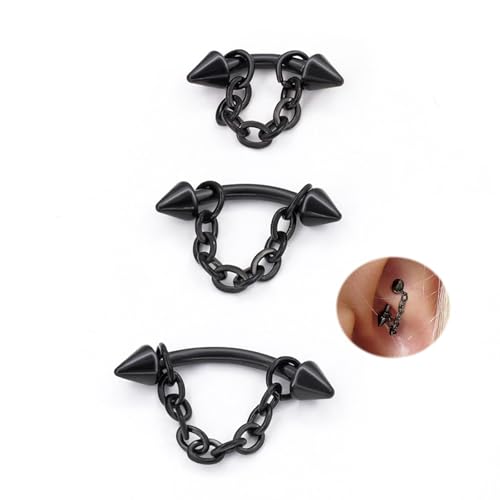 3 Pcs 316L Stainless Steel 16G Tragus Helix Rook Piercing Jewelry with Chain, Cartilage Earrings for Women, Belly Button Ring Vertical Labret Lip Piercing Jewelry - color: Black, size: Cone