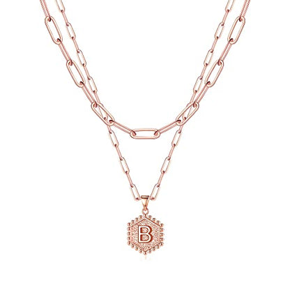 M MOOHAM Dainty Initial Necklaces for Women, 14K-Gold-Plated Layering Necklace for Women Cute Hexagon Letter Initial Necklace Layered Necklaces for Womens Teen Girl Gifts - color: Rose Gold Plated, style: B