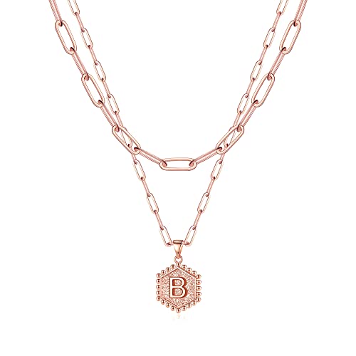 M MOOHAM Dainty Initial Necklaces for Women, 14K-Gold-Plated Layering Necklace for Women Cute Hexagon Letter Initial Necklace Layered Necklaces for Womens Teen Girl Gifts - color: Rose Gold Plated, style: B