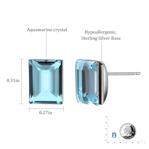 Rectangle Aquamarine Blue Crystal Sterling Silver Stud Earrings Sparkly Gemstone Dainty Fashion Jewelry for Women