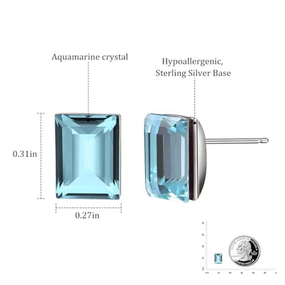 Rectangle Aquamarine Blue Crystal Sterling Silver Stud Earrings Sparkly Gemstone Dainty Fashion Jewelry for Women