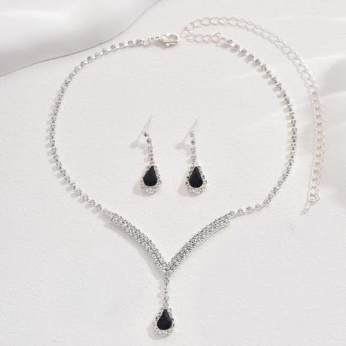 Bridal Wedding Jewelry Set Silver Rhinestone Necklace Earrings Sets Formal Costume Jewelry for Women and Brides - color: A-Black