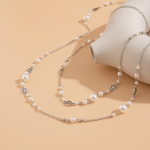 Long Chain Necklaces for Women Pearl Necklaces for Women Long Necklace Dainty Layered Pearl Necklace Statement Sweater Strand Chain Jewelry - color: Silver color