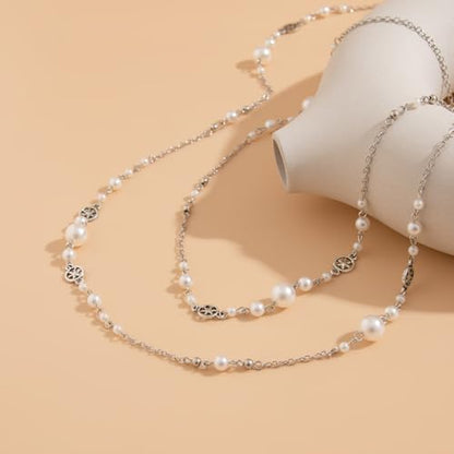 Long Chain Necklaces for Women Pearl Necklaces for Women Long Necklace Dainty Layered Pearl Necklace Statement Sweater Strand Chain Jewelry - color: Silver color