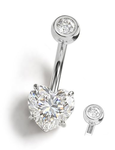 Jstyle G23 Titanium Belly Button Rings for Women 14G Internal Threaded | 14G Dangling Navel Ring, Hypoallergenic Belly Button Bar with Spacking AAAAA+ Cubic Zirconia, 10mm Bar Length Belly Piercing - color: Silver Plated: Heart