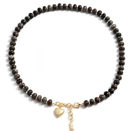 Boho Gemstone Beaded Necklace for Women – Colorful Natural Stone Choker 18K Solid Heart-Shaped Pendant, Summer Beach Jewelry - color: Yooperlite Stone