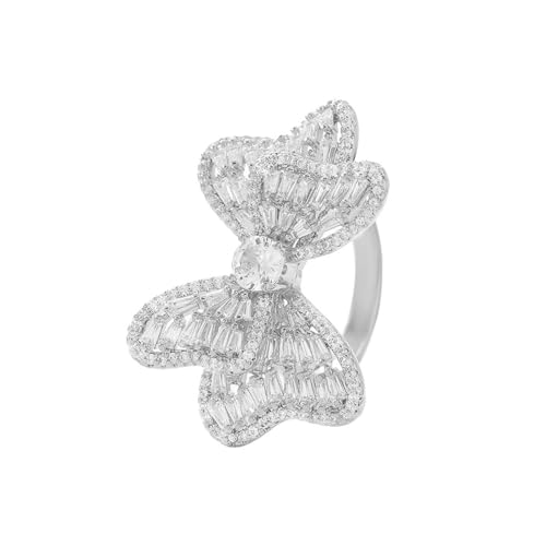 Luxury Rhinestone Bowknot Open Ring For Women Gold Silver Plated Adjustable Sparkly CZ Crystal Butterfly Finger Band Statement Bow Tie Ribbon Rings Fashion Shiny Wedding Promise Cocktail Jewelry For Her Gifts - color: Silver