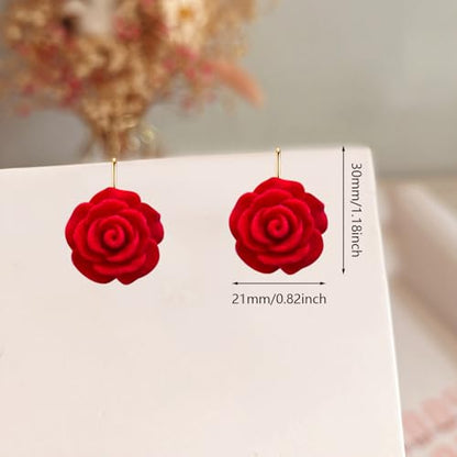 Handmade Bohemian Aesthetic Dainty Acrylic Flower Petal Leverback Earrings Sparkly 14K Gold Floral Dangle Drop Earrings for Women - color: Bright Red
