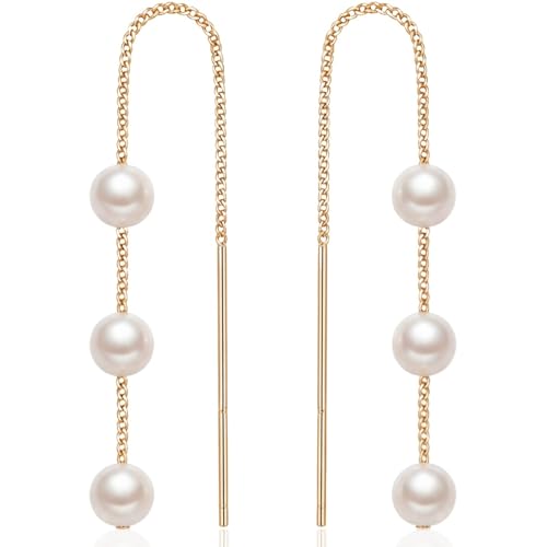 Threader Pearl Earrings for Women - Long Dangle with Simulated Pearls | Plated in Gold Tone or Silver Tone - color: Multi Simulated Pearl - Gold Tone