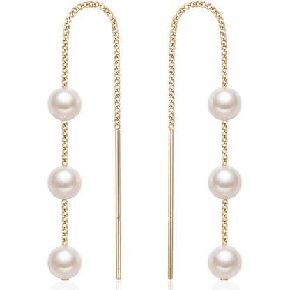 Threader Pearl Earrings for Women - Long Dangle with Simulated Pearls | Plated in Gold Tone or Silver Tone - color: Multi Simulated Pearl - Gold Tone