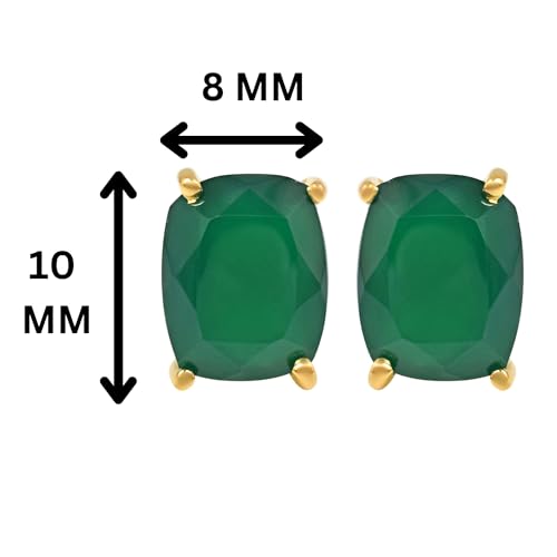 Women's 18K Gold Plated 8x10mm Princess Cut Gemstone Stud Earrings – Birthstone Jewelry for Her – Classic Cushion Studs - color: Green Onyx