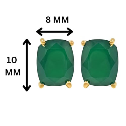 Women's 18K Gold Plated 8x10mm Princess Cut Gemstone Stud Earrings – Birthstone Jewelry for Her – Classic Cushion Studs - color: Green Onyx