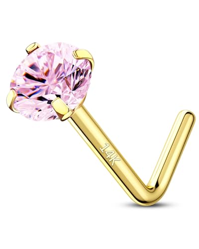 14K Real Gold Nose Studs 20G Nose Rings Studs L Shaped Nose Rings for Women Men Diamond CZ Nose Piercing - color: Yellow Gold-Round PKCZ
