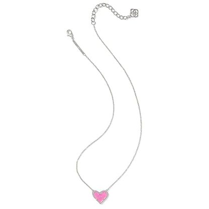 Kendra Scott Ari Heart Adjustable Length Pendant Necklace for Women, Fashion Jewelry - color: RHODIUM - HOT PINK DRUSY