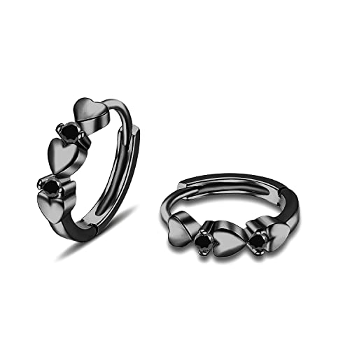 CiNily 14K White Gold Plated Small Hoop Earrings for Women Girls Heart Cubic Zirconia Hypoallergenic Earrings - color: Black gold-black