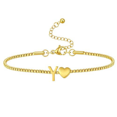 Gold Initial Bracelet for Women Dainty Personalized Name Bracelet | 14K Gold Plated, Letter A-Z Bracelet, Tiny Gold Initial Cute Heart Bracelet Jewelry Gift - color: Y