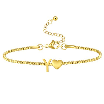 Gold Initial Bracelet for Women Dainty Personalized Name Bracelet | 14K Gold Plated, Letter A-Z Bracelet, Tiny Gold Initial Cute Heart Bracelet Jewelry Gift - color: Y