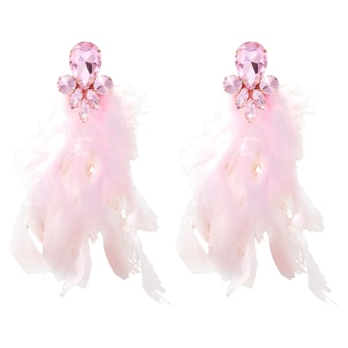 Long Feather Earrings for Women Bohemian Crystal Zirconia Dangle Feather Earrings Crystal Tassel Feather Earrings Wedding Halloween Prom Jewelry - color: Pink