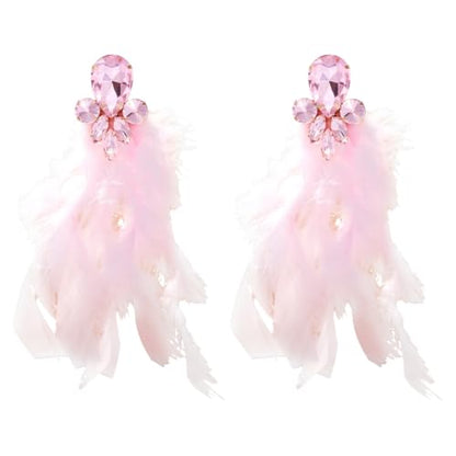 Long Feather Earrings for Women Bohemian Crystal Zirconia Dangle Feather Earrings Crystal Tassel Feather Earrings Wedding Halloween Prom Jewelry - color: Pink