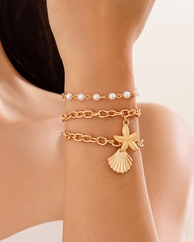 Shell Bracelets for Women Layered Seashell Starfish Bracelets Stackable Stretch Boho Beaded Bracelet Summer Beach Surfer Bracelet Seaside Beach Dress Outfits Accessories - color: B4:gold shell bracelets