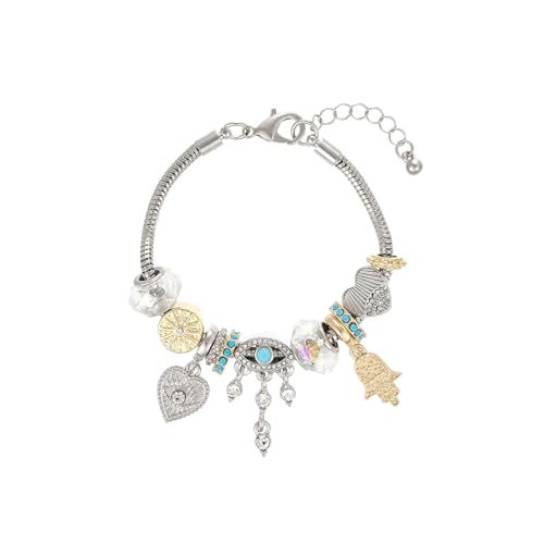 Madison Tyler Gold Plated Bracelet for Women | Celestial Rectangular Plaque Evil Eye Ace of Hearts Playing Card Beaded Charm Bracelet | Cute Adjustable Snake Chain Bracelet - style: Evil Eye