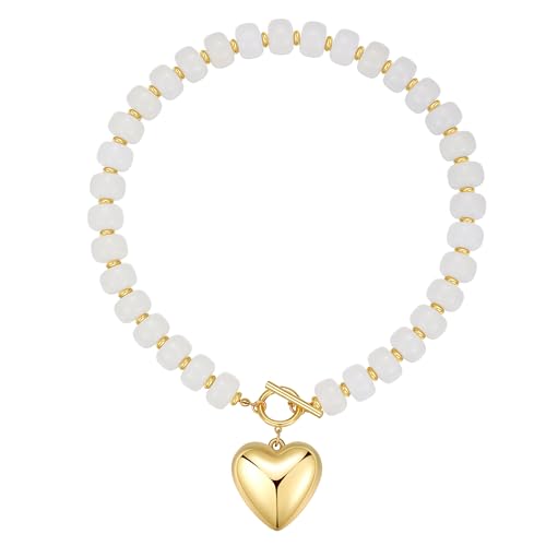 Chunky Heart Necklaces for Women Colorful Resin Beaded Necklaces for Women Gold Puffy Heart Statement Necklace Trendy Acrylic Choker Jewelry Gift - color: White