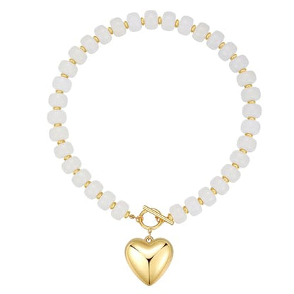 Chunky Heart Necklaces for Women Colorful Resin Beaded Necklaces for Women Gold Puffy Heart Statement Necklace Trendy Acrylic Choker Jewelry Gift - color: White