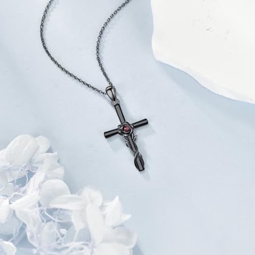 Halloween Necklace 925 Sterling Silver Black Rose Rib Cage Heart Pendant Necklace Halloween Jewelry Gifts for Women Gothic Party - style: Cross