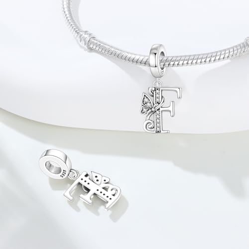 2 Pack 925 Sterling Silver Butterfly Letter Charms for Bracelets and Necklace Alphabet Initial Dangle Pendants Round Spacer Beads Pave Cubic Zirconia Jewelry Gift for Women - color: F Set