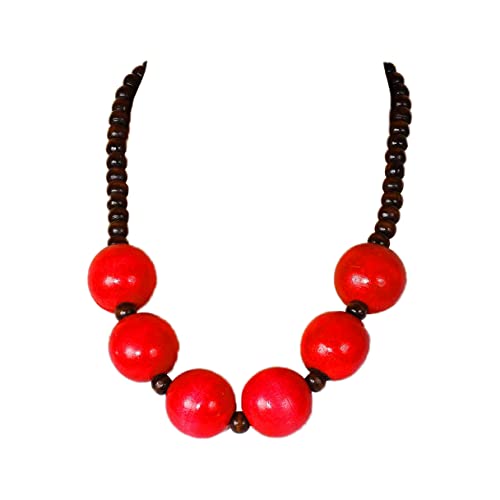 COLORFUL BLING Ethnic Large Chunky Wooden Beaded Necklaces Boho African Statement Necklace Handmade Tribal Collar Choker Bib Jewelry - color: six beads red