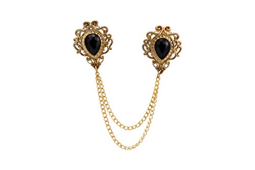 Knighthood Brooch Pin Black Stone and Gold Engraving Chain Brooch Lapel Pin Accessories for Men Women