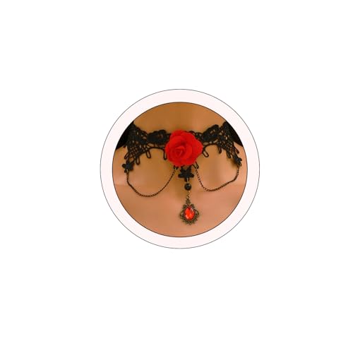 Gothic Red Black Rose Pendant Choker Necklace Vintage Victorian Black lace Collar Cameo Pendant Choker Necklace Witch Vampire Role Halloween Jewelry Gift - color: Rose B