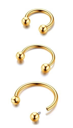 G23 Titanium 14/16/18/20G Septum Rings Horseshoe Nose Ring Jewelry | 2/3Pcs Circular Barbell Spike Lip Body Piercing Jewelry Conch Helix Tragus Earring Silver/Black 8/10/12mm 14K Gold Plated - color: Gold-3pcs, size: Balls-3pcs-18g-8/10/12mm