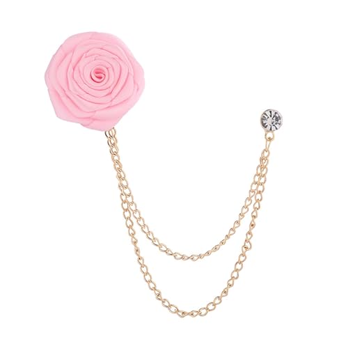 Bridegroom Wedding Brooch, Rose Flower Brooch Lapel Pin Badge Tassel Chain for Men Suit Accessories, Cloth Art Handmade Jewelry - color: Pink