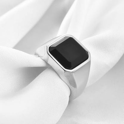 VQYSKO 14K Gold Plated Square Signet Ring | Stainless Steel Band for Men - color: Silver+Black