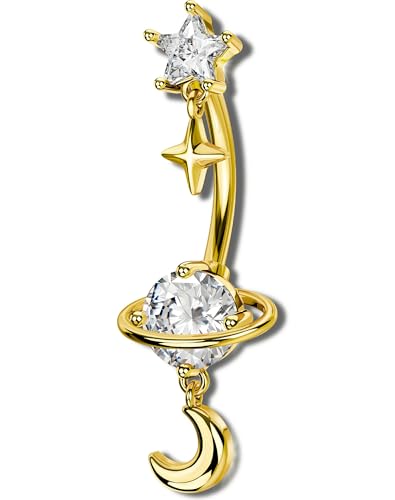 OUFER 14G Star Moon Planet Silver Gold Dangle Belly Button Rings 316L Surgical Stainless Steel CZ Belly Piercing Jewelry 10mm Navel Rings for Women - color: Gold
