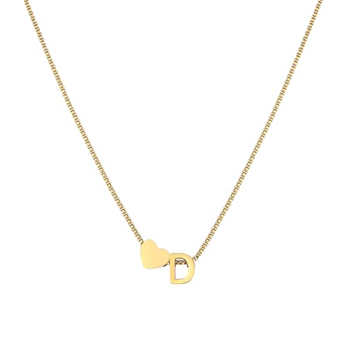 18K Real Gold Plated Heart Initial Necklace for Women-Personalized A-Z Letter Pendant on Durable Stainless Steel Box Chain (16+2.5 inch Adjustable) Hypoallergenic Everyday Jewelry Gift Boxed for Mom Wife - style: Gold:D