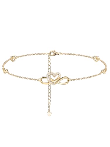 Moissanite Infinity Anklet for Women, Real Authentic 925 Sterling Silver Hypoallergenic, Beautiful Summer Jewelry, Dainty Ankle Bracelet, 8.6-10.6inch (21-26cm) Adjustable - color: Romantic Heart - Yellow Gold