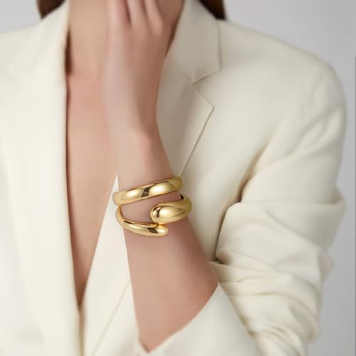 Emibele Cuff Bracelet Stack, 18K Gold-plated Open Bangle Bracelet, Teardrop Hinged Thick Wrist Chunky Bracelet Set for Women, Non Tarnish Jewelry Gift, 2 Pack - color: Gold