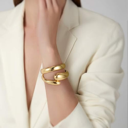 Emibele Cuff Bracelet Stack, 18K Gold-plated Open Bangle Bracelet, Teardrop Hinged Thick Wrist Chunky Bracelet Set for Women, Non Tarnish Jewelry Gift, 2 Pack - color: Gold